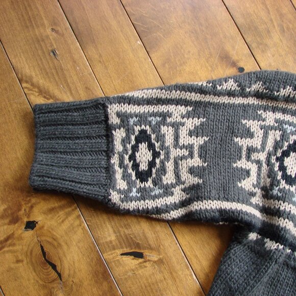 Chunky Knit Cardigan Sweater Gray Cream Aztec Pattern Wool Alpaca Blend Medium - Picture 6 of 16